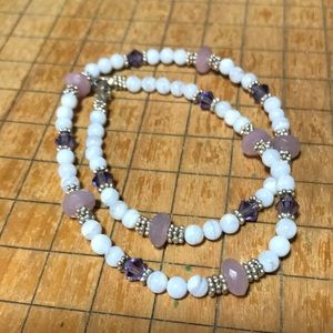 Lace Agate Bead Necklace 14.5"L w Rose Quartz, Silver Caviar Spacers and Clasp
